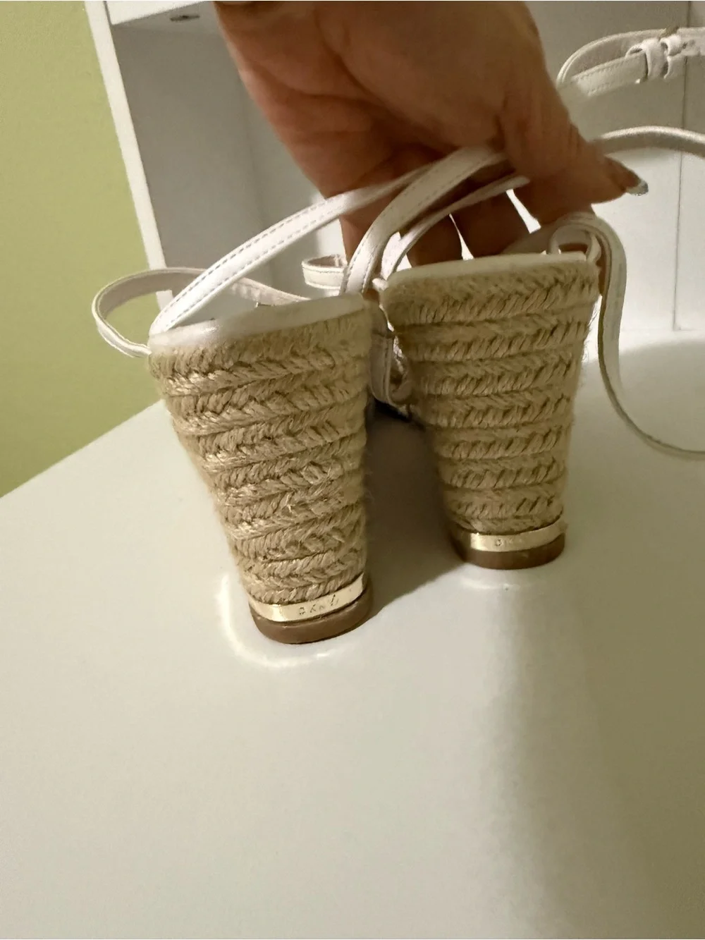 DKNY White Woven Espadrille Wedge Sandals with Gold Logo Accents